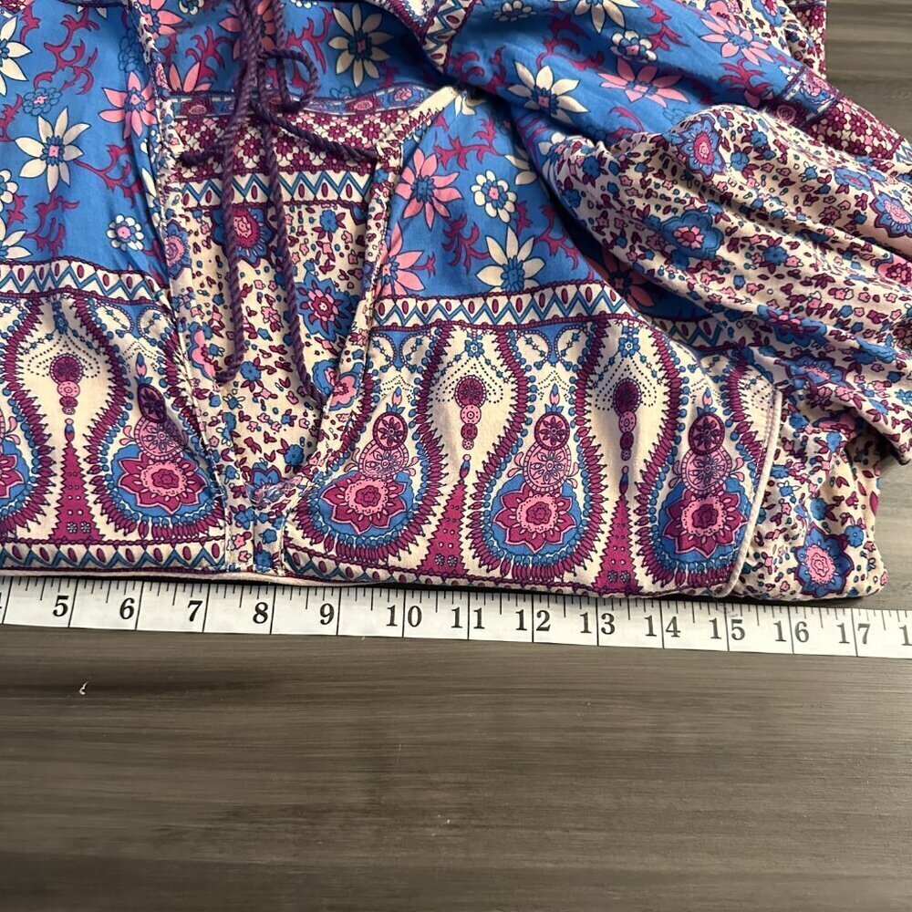 Womens Long Sleeve Floral Print Retro V Neck Tassel Midi Dress Size Medium 8/10 - Picture 6 of 7